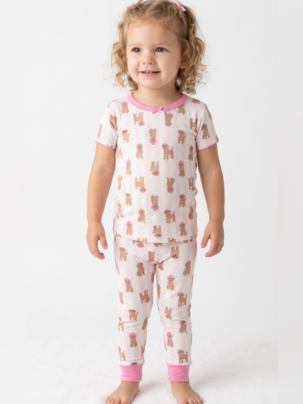 Milkberry Pink Puppy Print Cabana Stripe Bamboo Kids Pajama Set 2T 3T 4T 5T